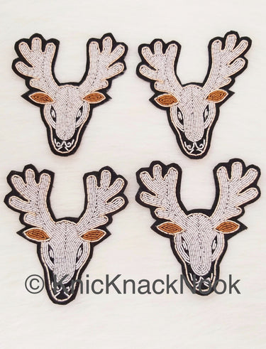 Hand Embroidered Reindeer Applique In Silver And Brown Zardozi Threadwork, Animal Motif, Christmas DIY